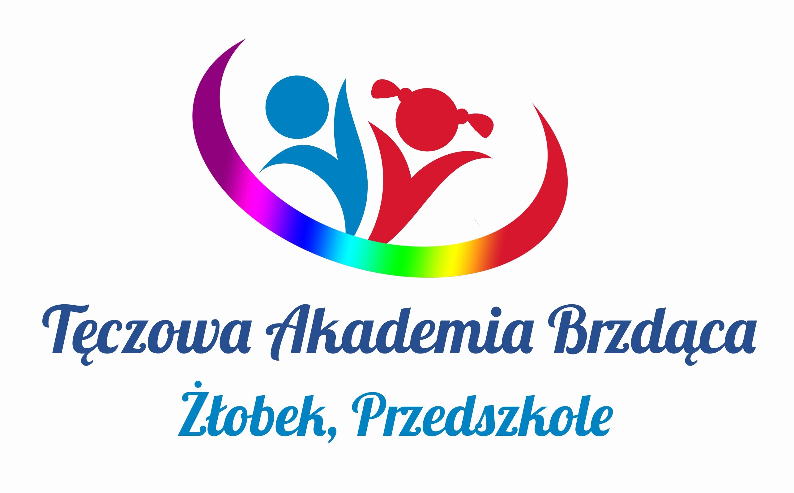 Logo Tęczowa Akademia Brzdąca z sylwetkami dzieci w tęczowym okręgu, nazwa placówki i dopisek: Żłobek, Przedszkole.