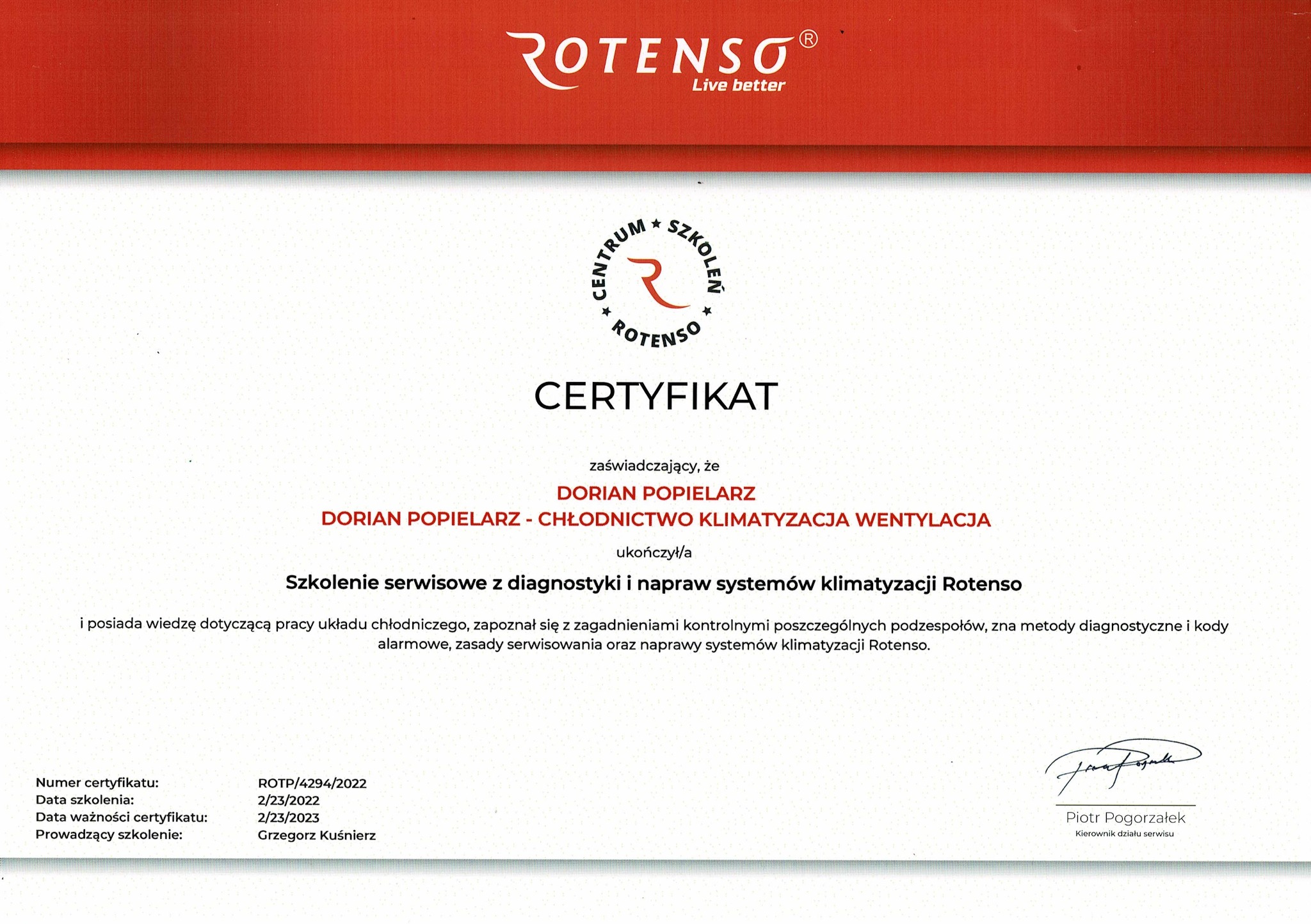 Certyfikat ukończenia szkolenia serwisowego z diagnostyki i napraw systemów klimatyzacji Rotenso dla Dorian Popielarz, obejmujący chłodnictwo, klimatyzację i wentylację.