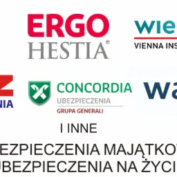 Zestawienie logotypów firm ubezpieczeniowych: PZU, Ergo Hestia, Wiener, TUZ, Concordia, Warta, z tekstem 'Ubezpieczenia Majątkowe, Ubezpieczenia na życie' na białym tle.