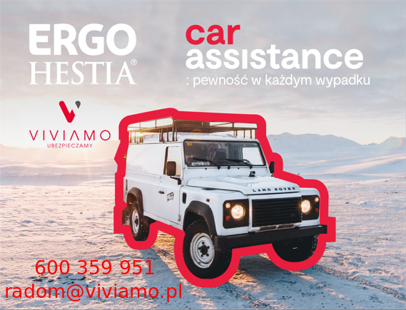 Reklama usług Car Assistance Ergo Hestia i Viviamo Ubezpieczamy z białym Land Roverem Defender na tle zimowego krajobrazu, z numerem telefonu i adresem e-mail