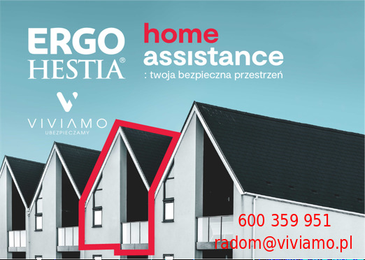 Reklama ubezpieczeń Ergo Hestia i Viviamo Home Assistance z wizualizacją segmentu domów w zabudowie szeregowej, z czerwonym obrysem jednego segmentu.