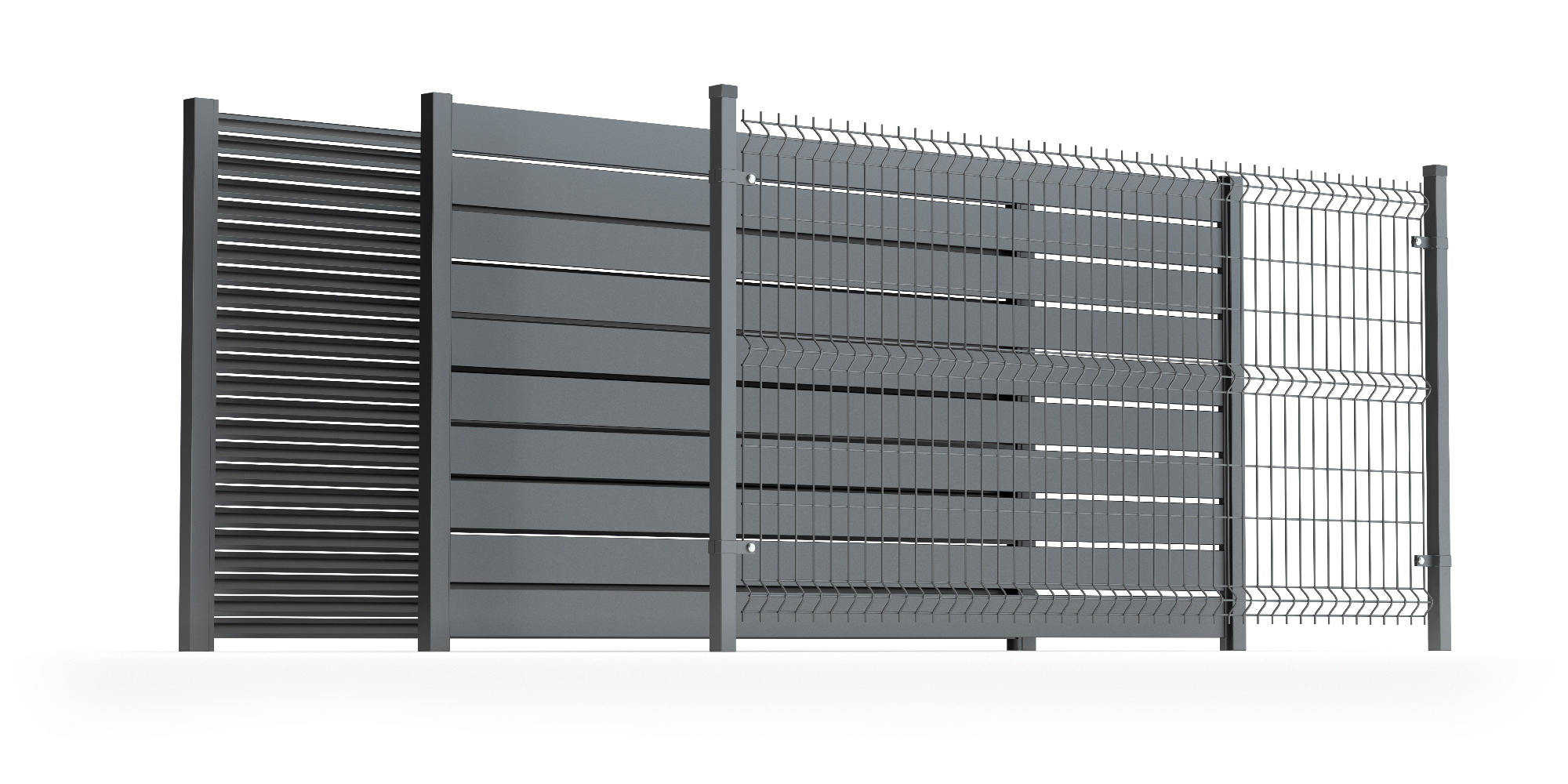 Przekrój trzech typów szarego ogrodzenia: panelowe z poziomymi szczelinami, panelowe pełne z poziomymi deskami i panelowe z siatki zgrzewanej, wszystkie na tle białego studia.