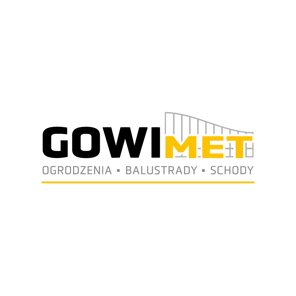 Logo firmy GOWIMET, specjalizującej się w ogrodzeniach, balustradach i schodach, z graficznym przedstawieniem przęseł ogrodzenia wkomponowanym w nazwę.