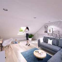 Jasne poddasze z białą cegłą, szarą sofą narożną, dywanem i drewnianym stolikiem kawowym, kobieta wpatrująca się przez okno dachowe, dziecko bawiące się na podłodze, telewizor z filmem włączonym.