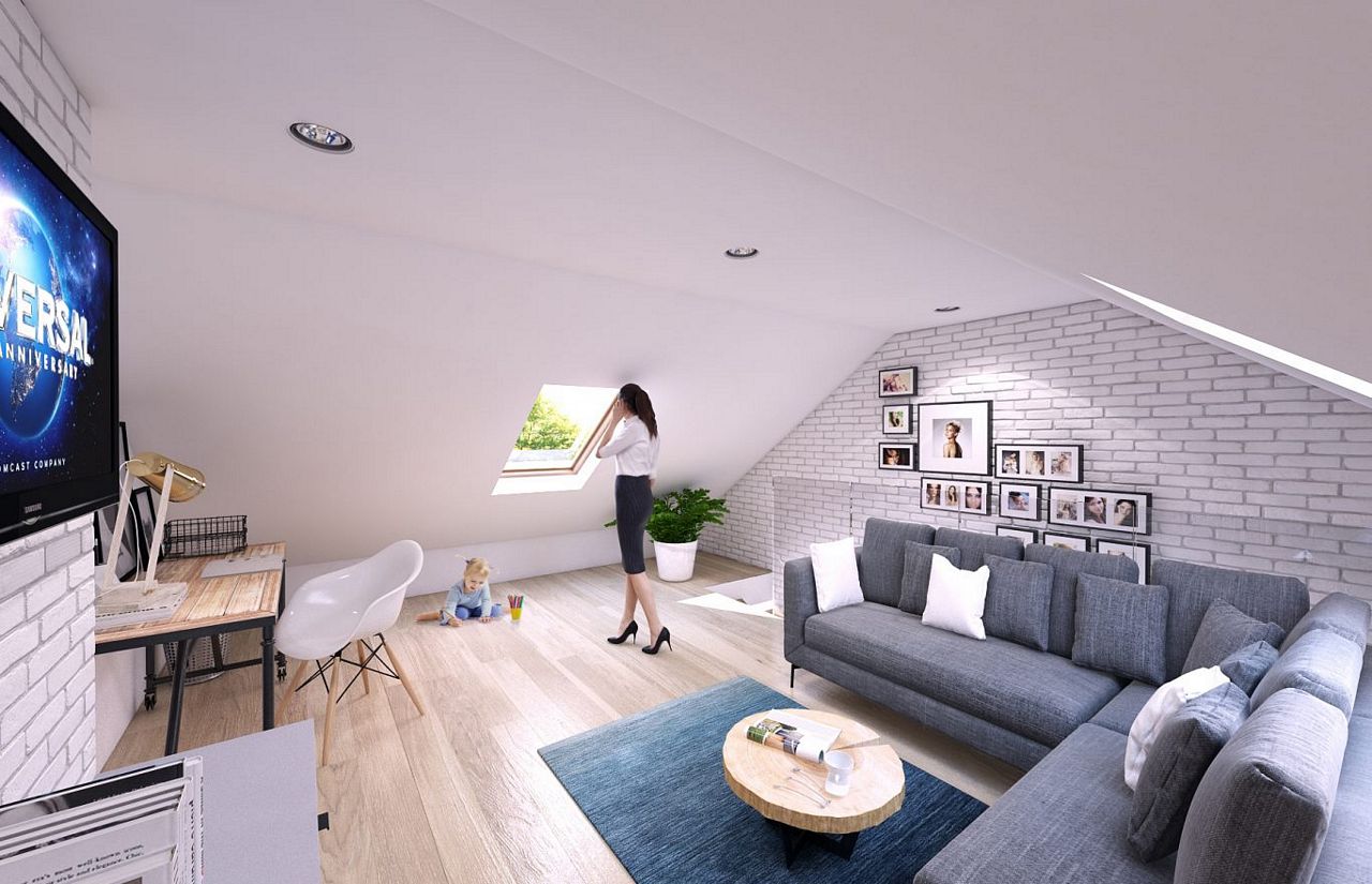 Jasne poddasze z białą cegłą, szarą sofą narożną, dywanem i drewnianym stolikiem kawowym, kobieta wpatrująca się przez okno dachowe, dziecko bawiące się na podłodze, telewizor z filmem włączonym.