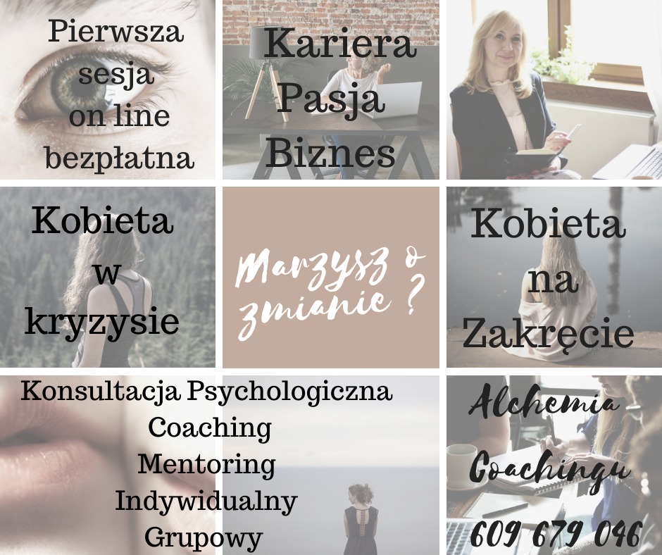 Mozaika zdjęć tematycznych: oko z napisem o darmowej sesji online, kobieta przy biurku z napisem kariera, pasja, biznes, kobieta z notesem, kobieta z tyłu z napisem kobieta w kryzysie, napis...