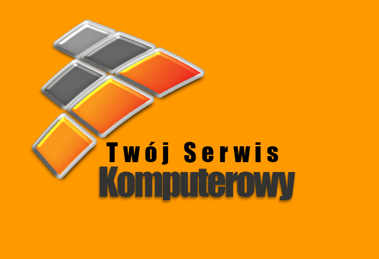 Pomarańczowe tło z logo składającym się z połączonych rombów w kolorach szarym i pomarańczowym oraz tekstem 'Twój Serwis Komputerowy' w ciemnoszarym kolorze.