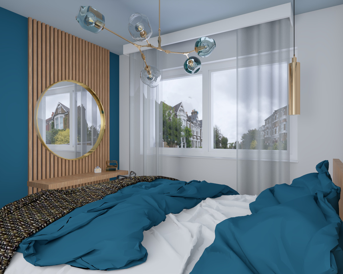 Sypialnia z turkusową ścianą, drewnianymi lamelami, okrągłym lustrem odbijającym widok na miasto, designerską lampą sufitową z szklanymi kloszami i łóżkiem z turkusową pościelą.