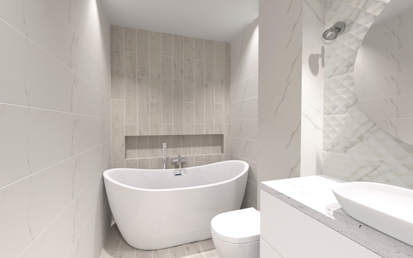 Nowoczesna łazienka z wolnostojącą wanną, umywalką nablatową i płytkami imitującymi drewno na ścianie wnęki.