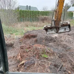 Żółta koparka z łyżką zawieszoną nad pniem drzewa na placu budowy, widok z kabiny operatora, w tle budynki i żywopłot.