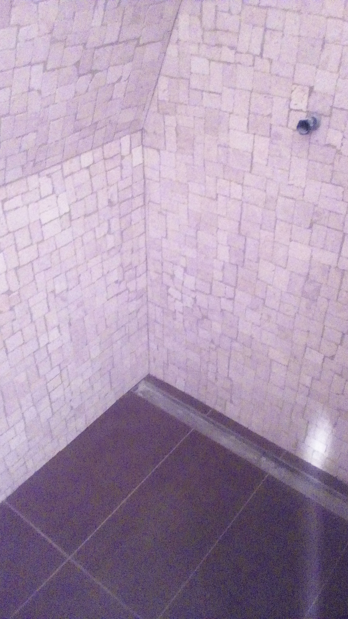 Wykończona kabina prysznicowa z mozaiką na ścianach i ciemnymi płytkami podłogowymi. Widoczny odpływ liniowy. Nietypowe połączenie kolorów i małych kwadratowych płytek.