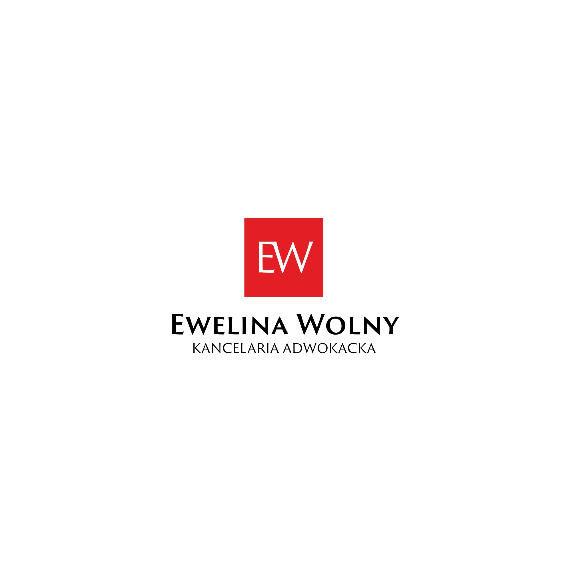 Logo Kancelarii Adwokackiej Ewelina Wolny z czerwonym kwadratem zawierającym inicjały EW.