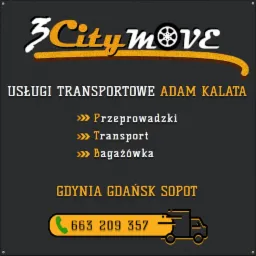Logo firmy transportowej 3CityMove z ofertą usług: przeprowadzki, transport, bagaż&oacute;wka. Kontakt telefoniczny i obszar działania: Gdynia, Gdańsk, Sopot.