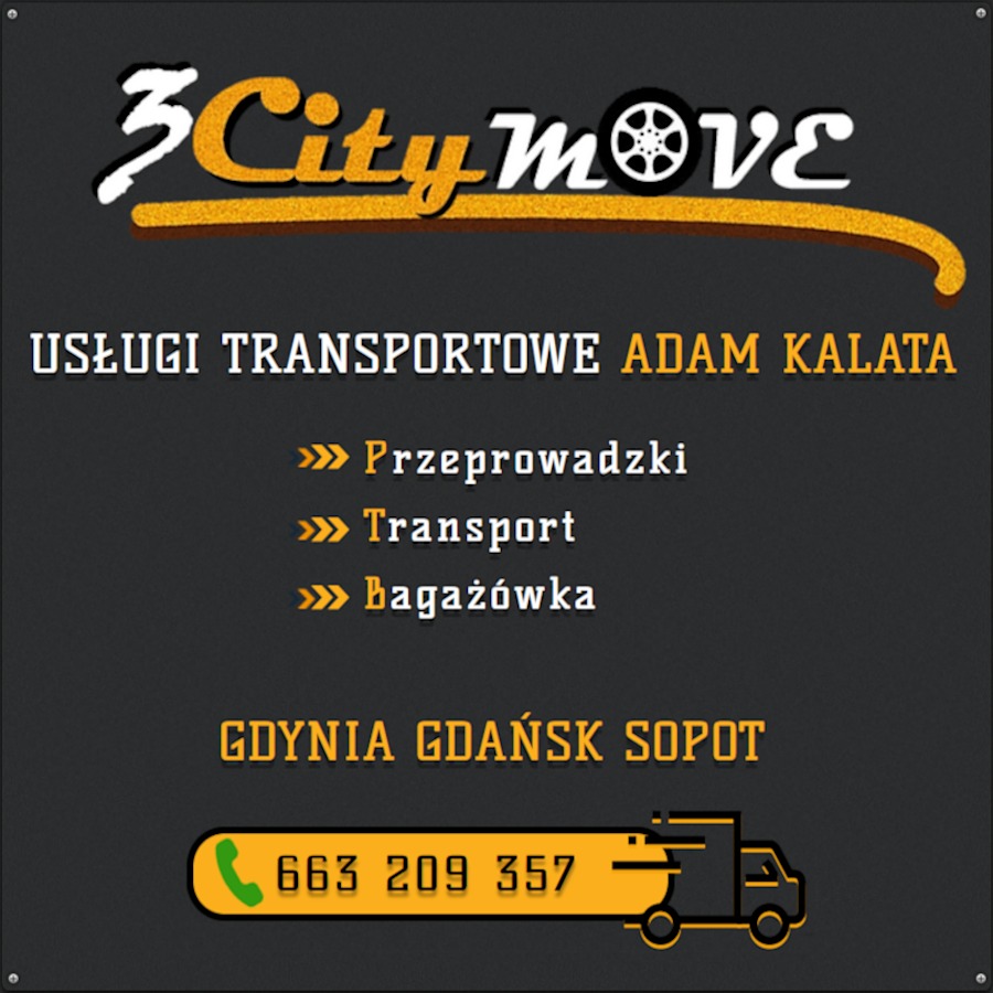 Logo firmy transportowej 3CityMove z ofertą usług: przeprowadzki, transport, bagażówka. Kontakt telefoniczny i obszar działania: Gdynia, Gdańsk, Sopot.