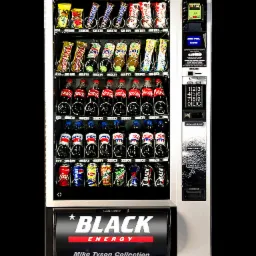 Automat vendingowy z przekąskami i napojami, widoczne batony Snickers, Prince Polo XXL, napoje Coca-Cola, Pepsi, Lipton Ice Tea oraz energetyki Black Energy sygnowane przez Mike'a Tysona.