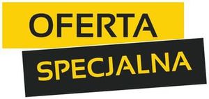 Grafika z napisem 'OFERTA' na żółtym tle i 'SPECJALNA' na czarnym tle, ułożone ukośnie względem siebie.