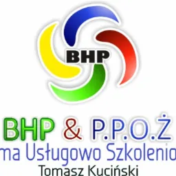 Logo firmy usługowo-szkoleniowej BHP i P.POŻ z nazwą Tomasz Kuciński i stylizowanym symbolem obrotu w kolorach niebieskim, żółtym, zielonym i czerwonym.