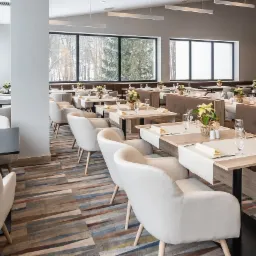 Jasne krzesła i stoły z nakryciami w przestronnej sali restauracyjnej z widokiem na zimowy las za oknem.