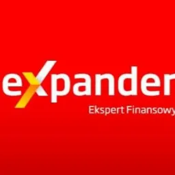 Logo firmy Expander Ekspert Finansowy na czerwonym tle.
