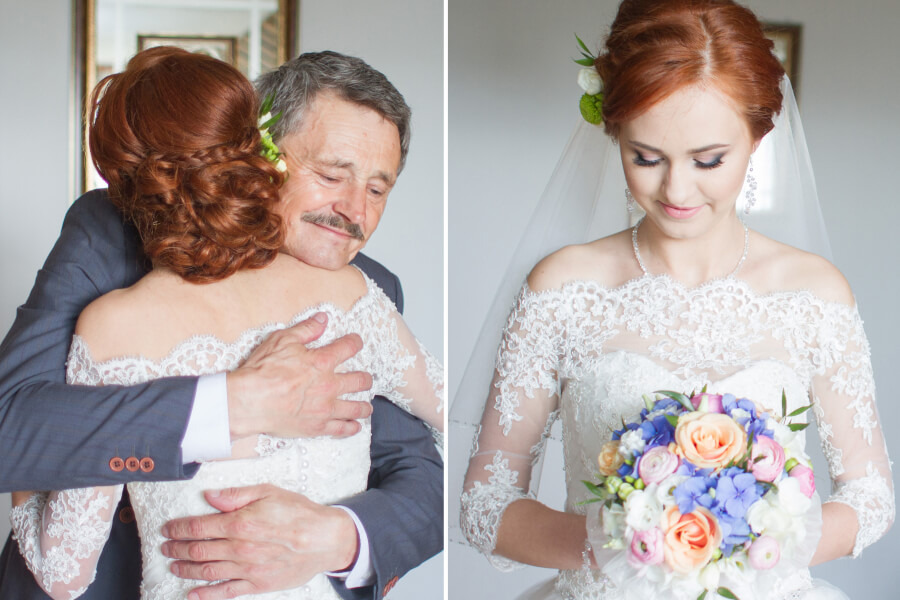 Panna młoda w białej sukni ślubnej z koronkowymi ramionami, trzyma bukiet kwiatów, wzruszony ojciec obejmuje ją przed ceremonią.