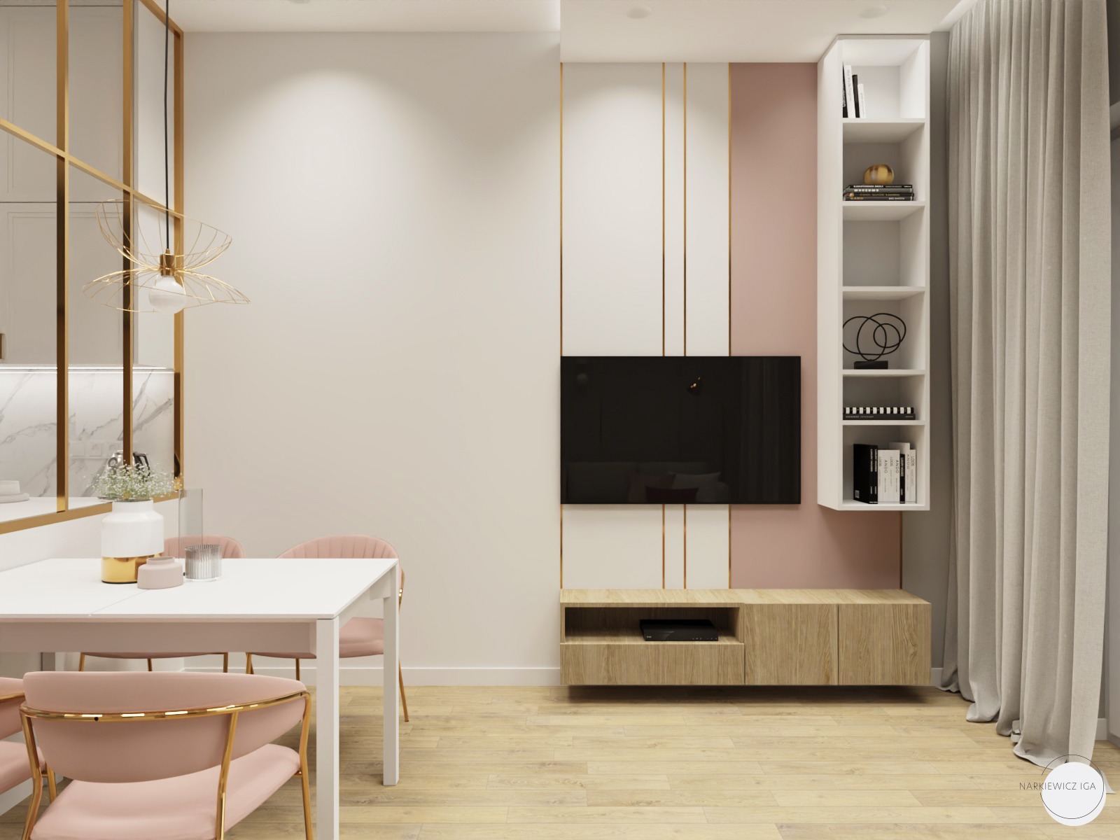 Jasne wnętrze z białym stołem, pudrowo-różowymi krzesłami z złotymi akcentami, ścianą z telewizorem i półkami oraz parkietem w odcieniu naturalnego drewna.
