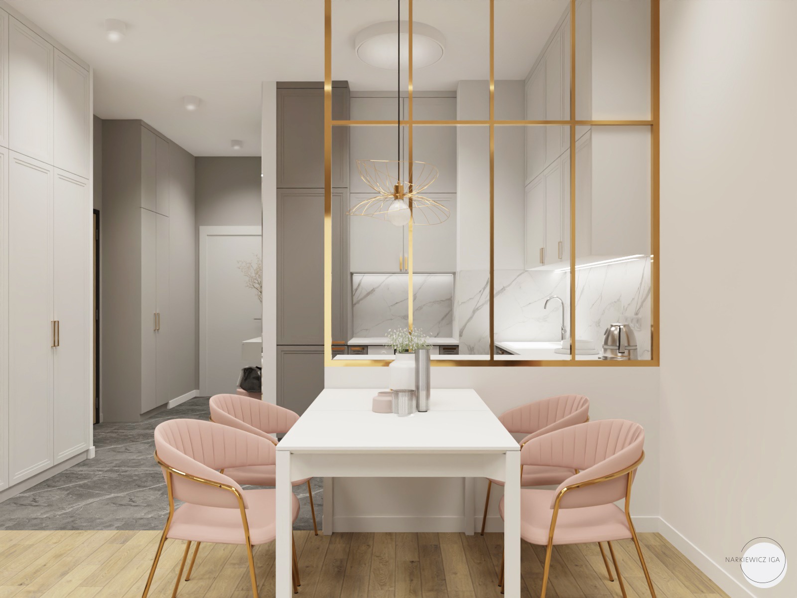 Wizualizacja wnętrza: jadalnia z białym stołem, różowymi krzesłami i złotą ażurową ścianką oddzielającą od kuchni z marmurowym blatem.