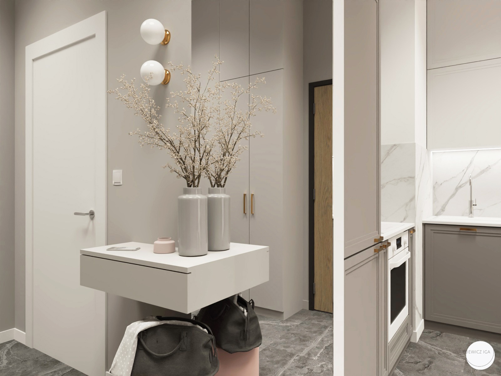 Nowoczesny przedpokój z minimalistyczną konsolą, dwiema ceramicznymi wazami z suchymi gałązkami, okrągłymi lampami ściennymi i ukrytą szafką na buty z torbami wewnątrz. W tle widoczna zabudowa...