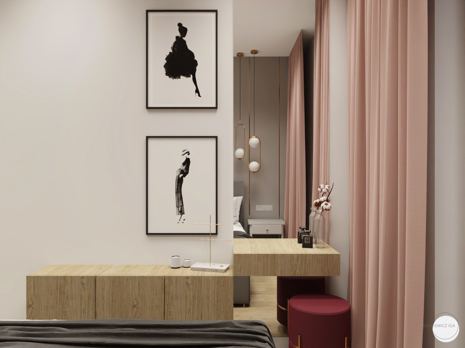 Elegancka sypialnia z toaletką i pudrowo-różowymi zasłonami, dekorowana czarno-białymi grafikami w ramkach i złotymi lampami wiszącymi.