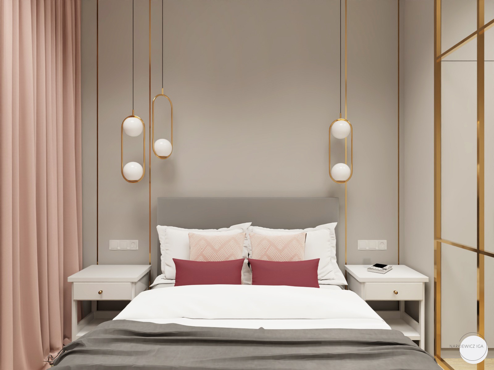 Nowoczesna sypialnia z szarą tapetą, łóżkiem z szarym zagłówkiem, białymi szafkami nocnymi i złotymi lampami wiszącymi z białymi kulami
