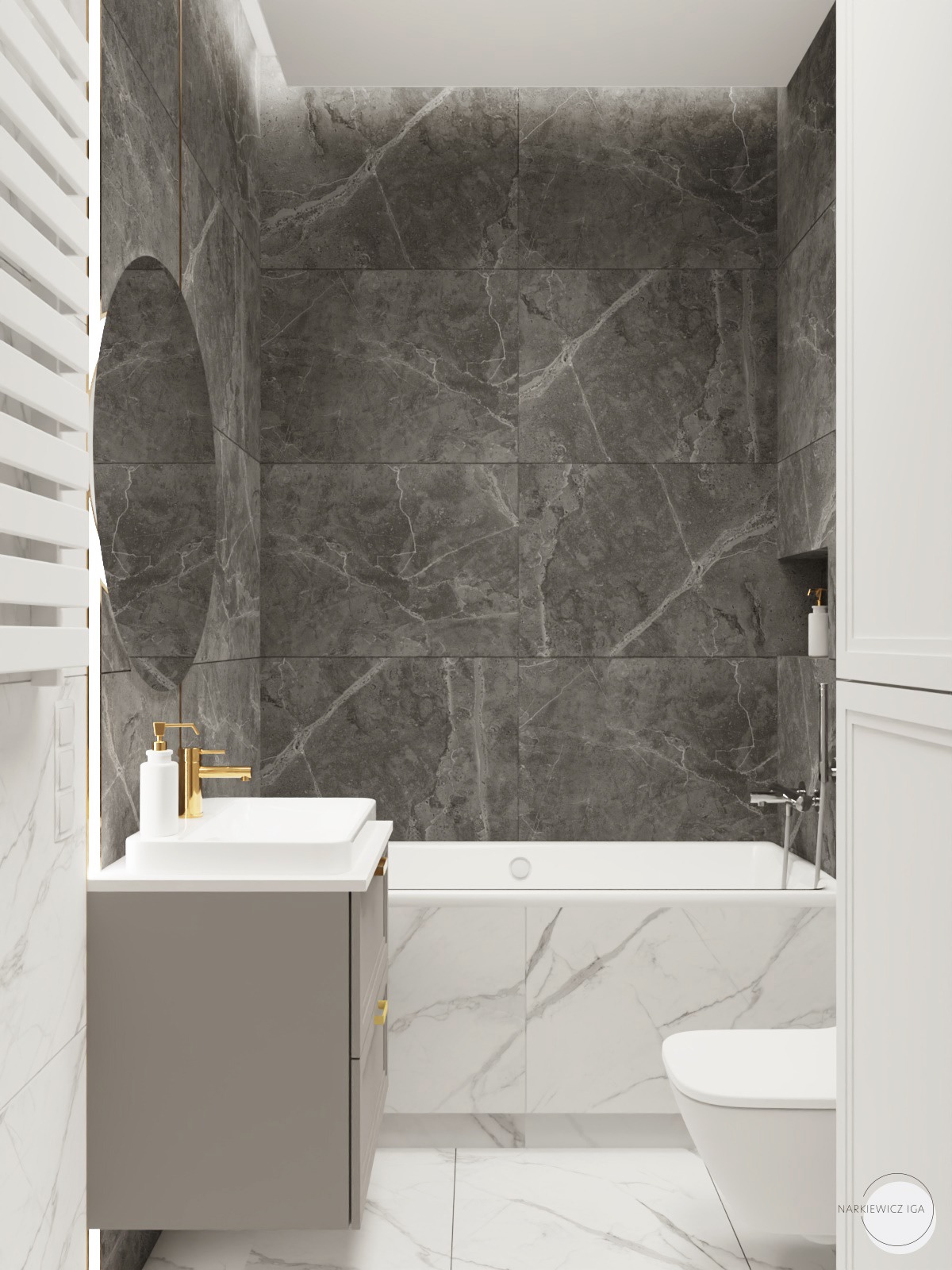 Nowoczesna łazienka z szarymi marmurowymi płytkami, owalnym lustrem z podświetleniem i umywalką z szarą szafką oraz złotymi akcentami.