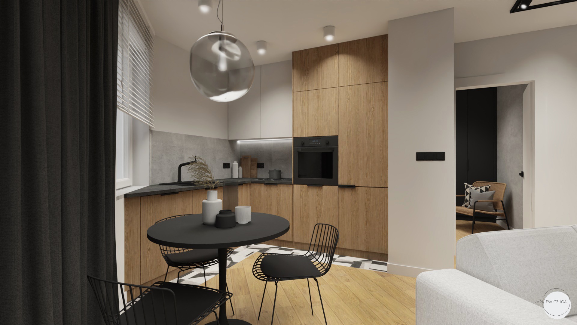 Wizualizacja nowoczesnej kuchni z drewnianymi szafkami, czarnym okrągłym stołem i metalowymi krzesłami na tle parkietu i czarno-białej szachownicy pod szafkami, okrągła lampa nad stołem.