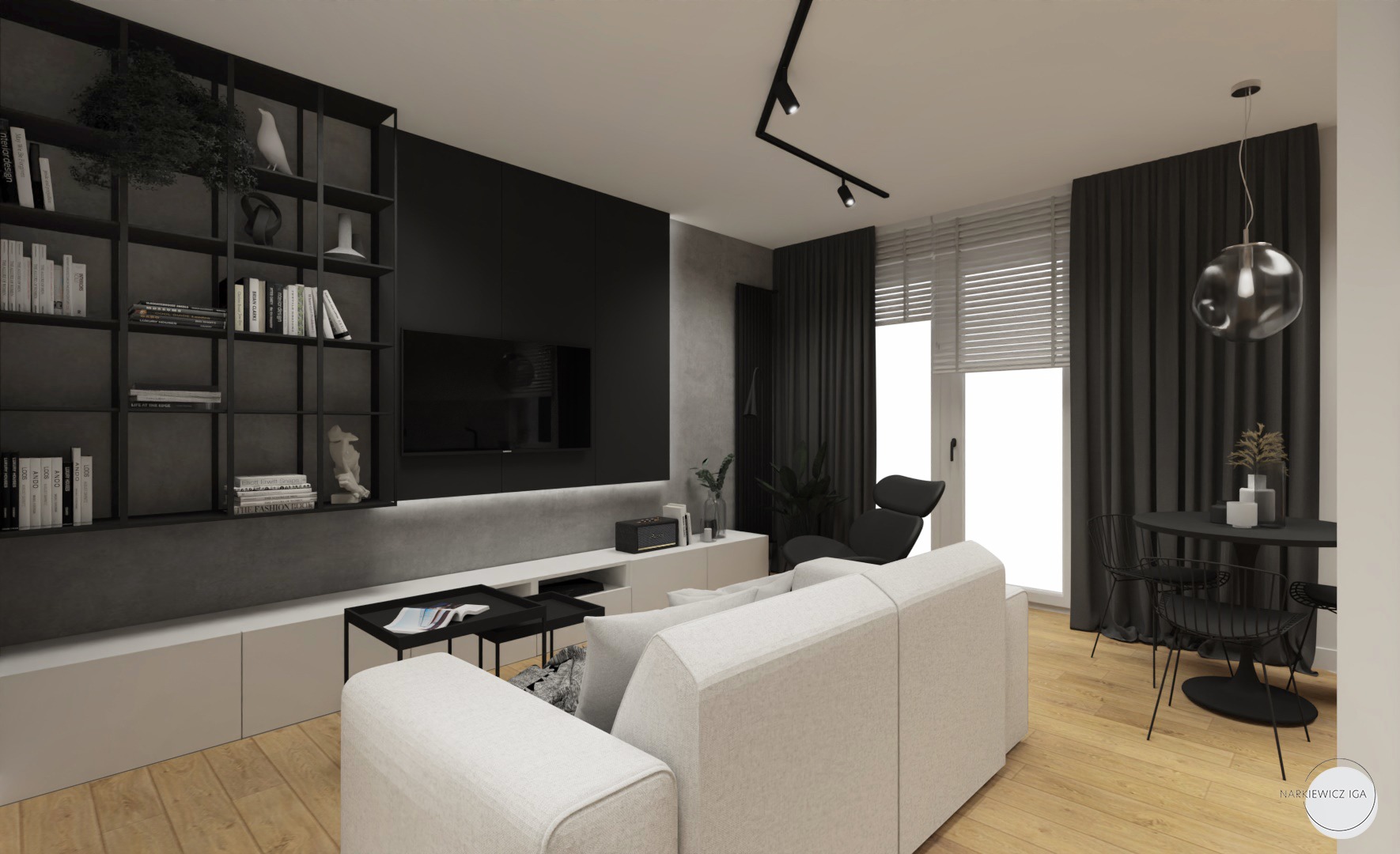 Wizualizacja salonu w odcieniach szarości i bieli z drewnianą podłogą, minimalistycznym regałem z książkami, nowoczesnym oświetleniem i okrągłym stołem z krzesłami w tle.