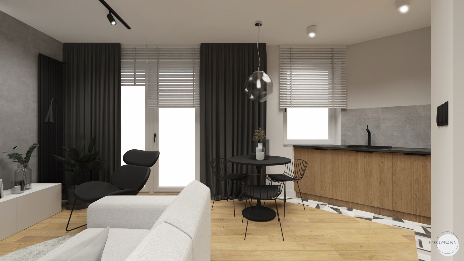 Wizualizacja salonu z aneksem kuchennym w odcieniach szarości i bieli, z czarnymi akcentami: okrągły stół z krzesłami, fotel, zasłony i lampy.