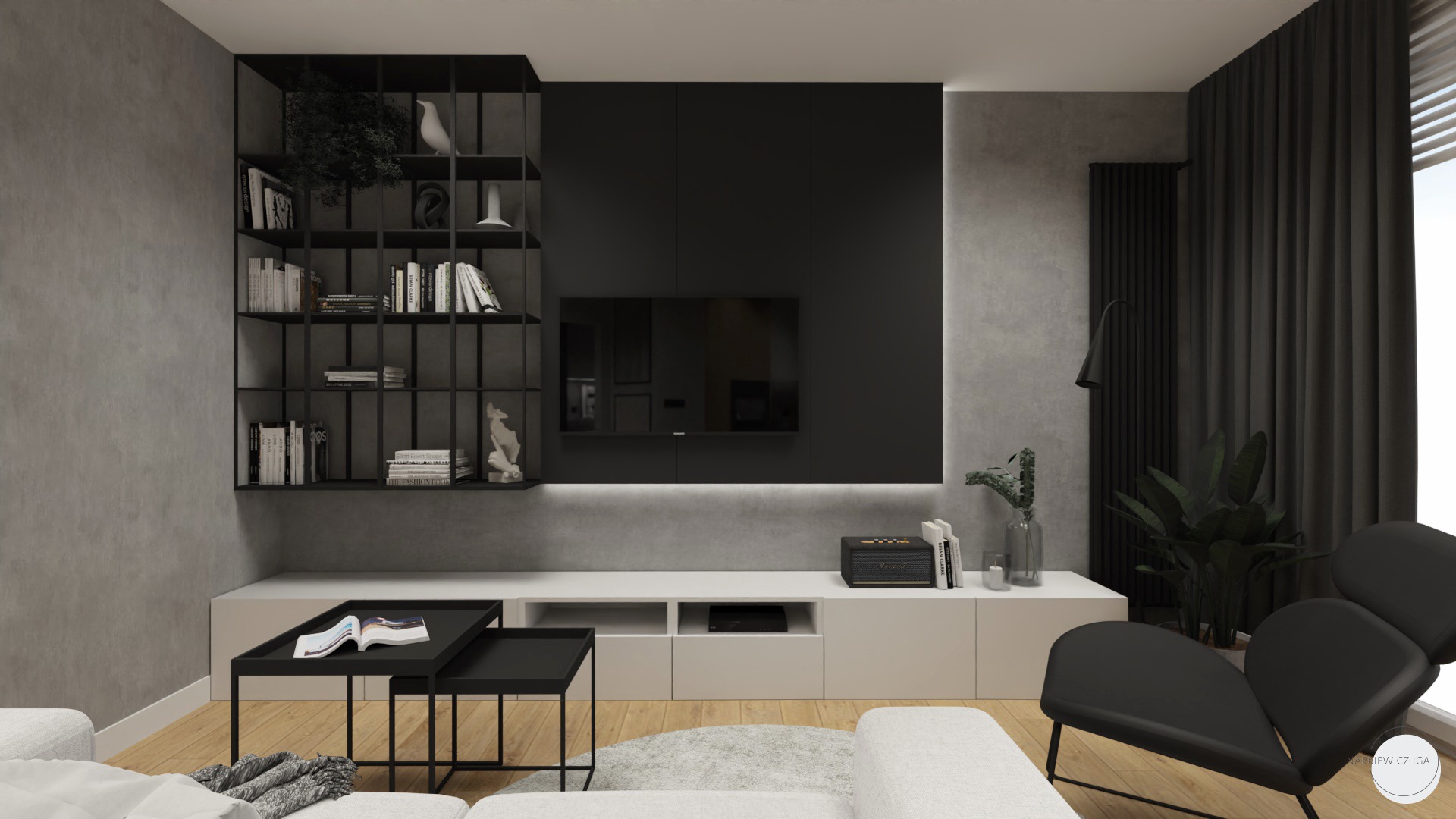 Nowoczesny salon z szarą ścianą, czarną zabudową TV, regałem z książkami, białym stolikiem RTV i czarnymi stolikami kawowymi na drewnianej podłodze.