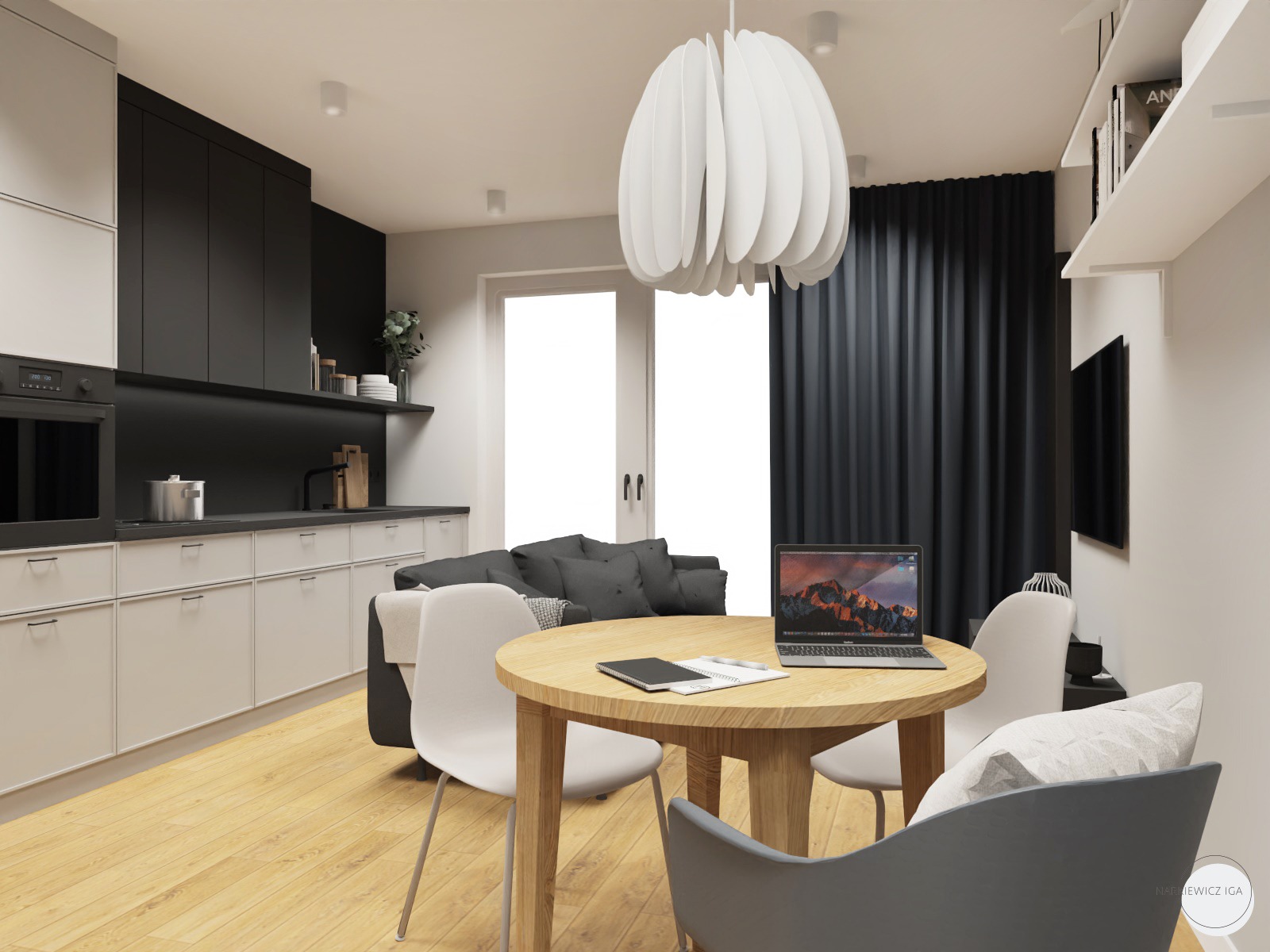 Wizualizacja kawalerki o powierzchni 30m2 w Warszawie, Anin. Widoczny aneks kuchenny z czarnymi szafkami górnymi i jasnymi dolnymi, okrągły stół z laptopem i notatnikiem oraz szara sofa. Nad stołem...