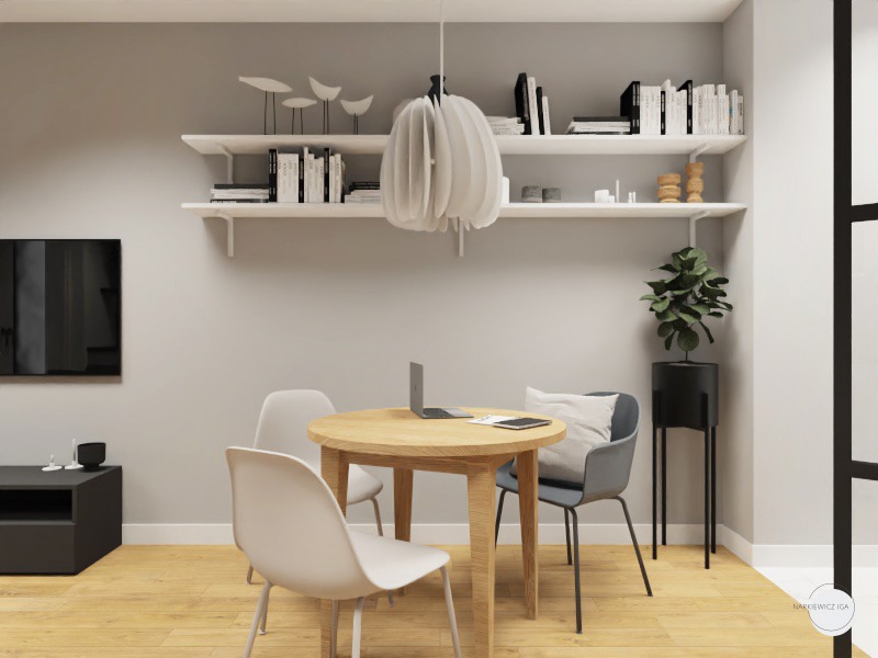Wizualizacja kawalerki 30m2: okrągły stół z laptopem, trzy białe krzesła i jedno szare, dwie białe półki z książkami i dekoracjami, czarny telewizor na szafce RTV, roślina w czarnej donicy...