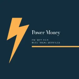 Grafika z logo firmy 'Power Money' oferującej usługi energetyczne i elektryczne, z symbolem błyskawicy po lewej stronie.