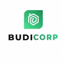 Logo firmy Budicorp z motywem domu w kolorze zielonym na białym tle.