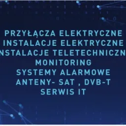 Grafika reklamowa w odcieniach niebieskiego z listą usług: przyłącza elektryczne, instalacje elektryczne i teletechniczne, monitoring, systemy alarmowe, anteny SAT/DVB-T, serwis IT, z abstrakcyjnym...