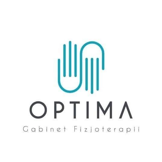 Logo gabinetu fizjoterapii Optima, przedstawiające stylizowany, turkusowy symbol dłoni nad napisem 'OPTIMA' i dopiskiem 'Gabinet Fizjoterapii'.