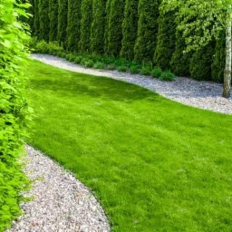 Świeżo założony trawnik z rolki, oddzielony od tuj i żywopłotu pasem białego grysu, z młodym drzewkiem po prawej stronie.