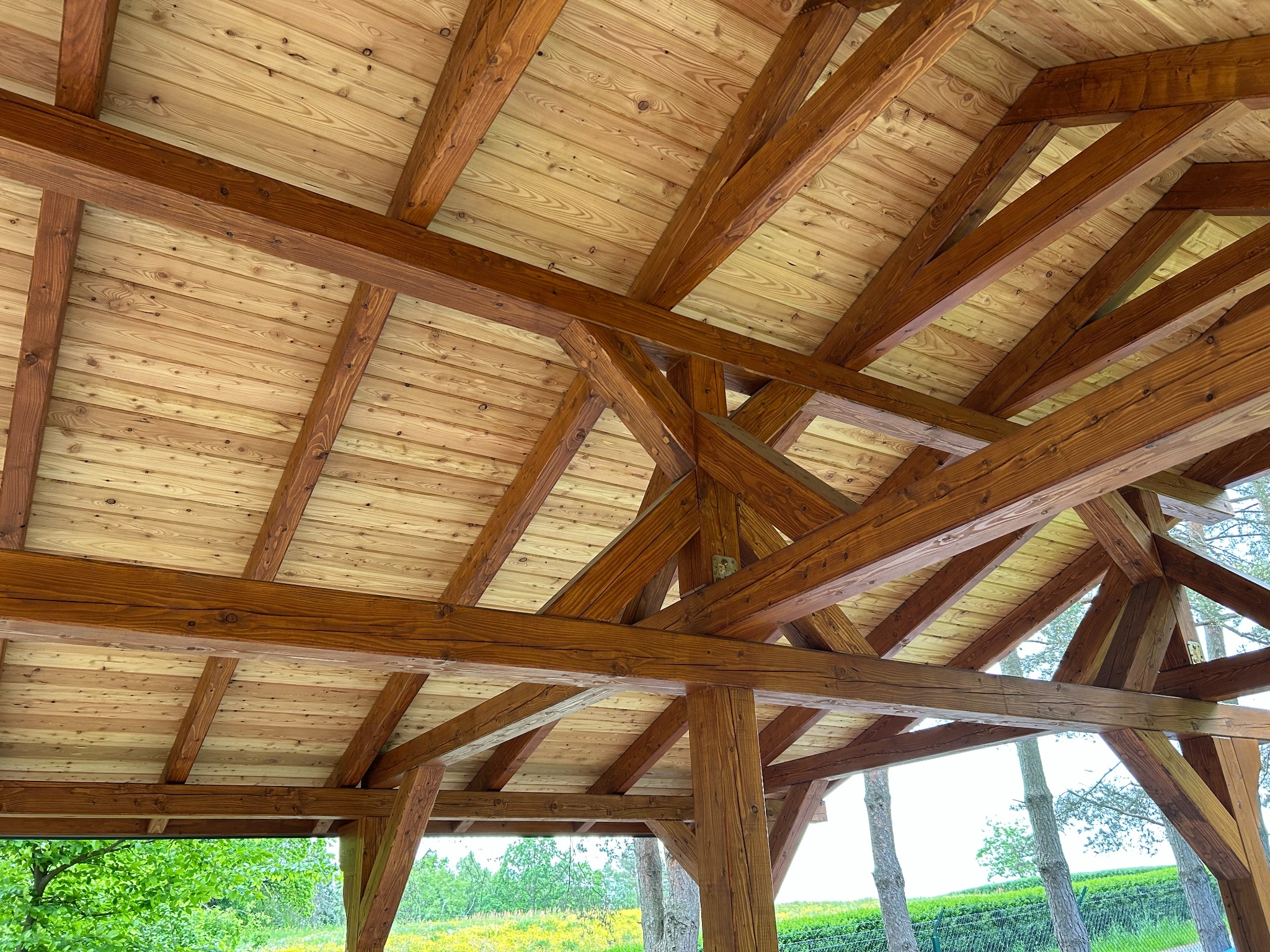 Drewniana konstrukcja z belek i desek, widok z dołu. Elementy zaimpregnowane na brązowo, tło stanowią drzewa i zieleń. Charakterystyczny układ belek stropowych.
