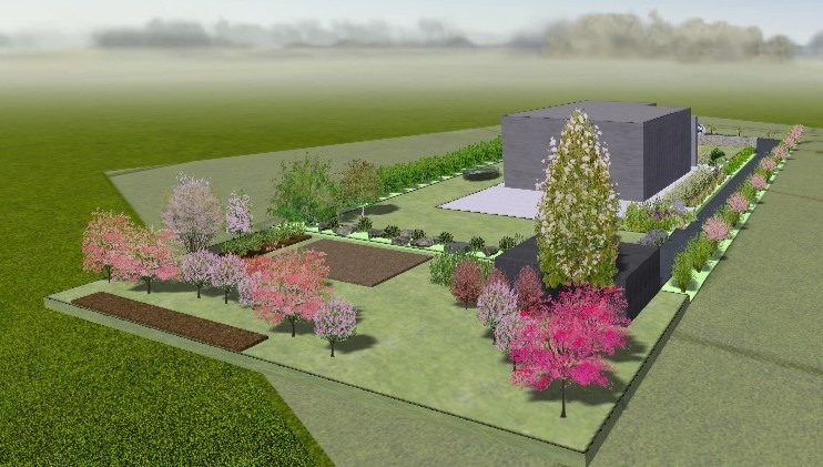 Wizualizacja ogrodu z nowoczesnym domem, rabatami kwiatowymi, drzewami owocowymi i trawnikiem. Widok z lotu ptaka, prezentujący układ przestrzenny i kolorystykę.