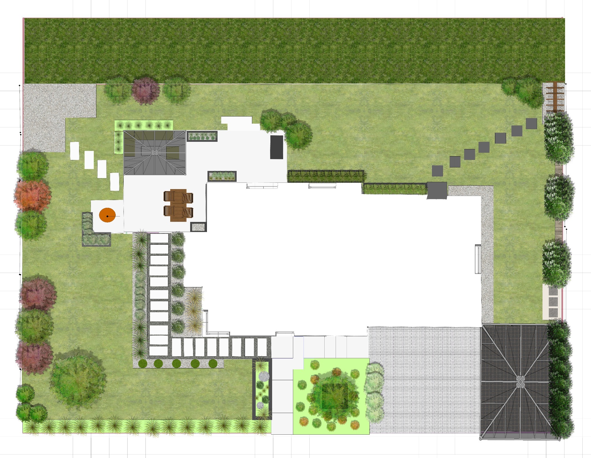 Plan zagospodarowania przestrzennego ogrodu z domem, widok z góry. Projekt z trawnikiem, ścieżkami z kostki, rabatami, drzewami i elementami małej architektury.