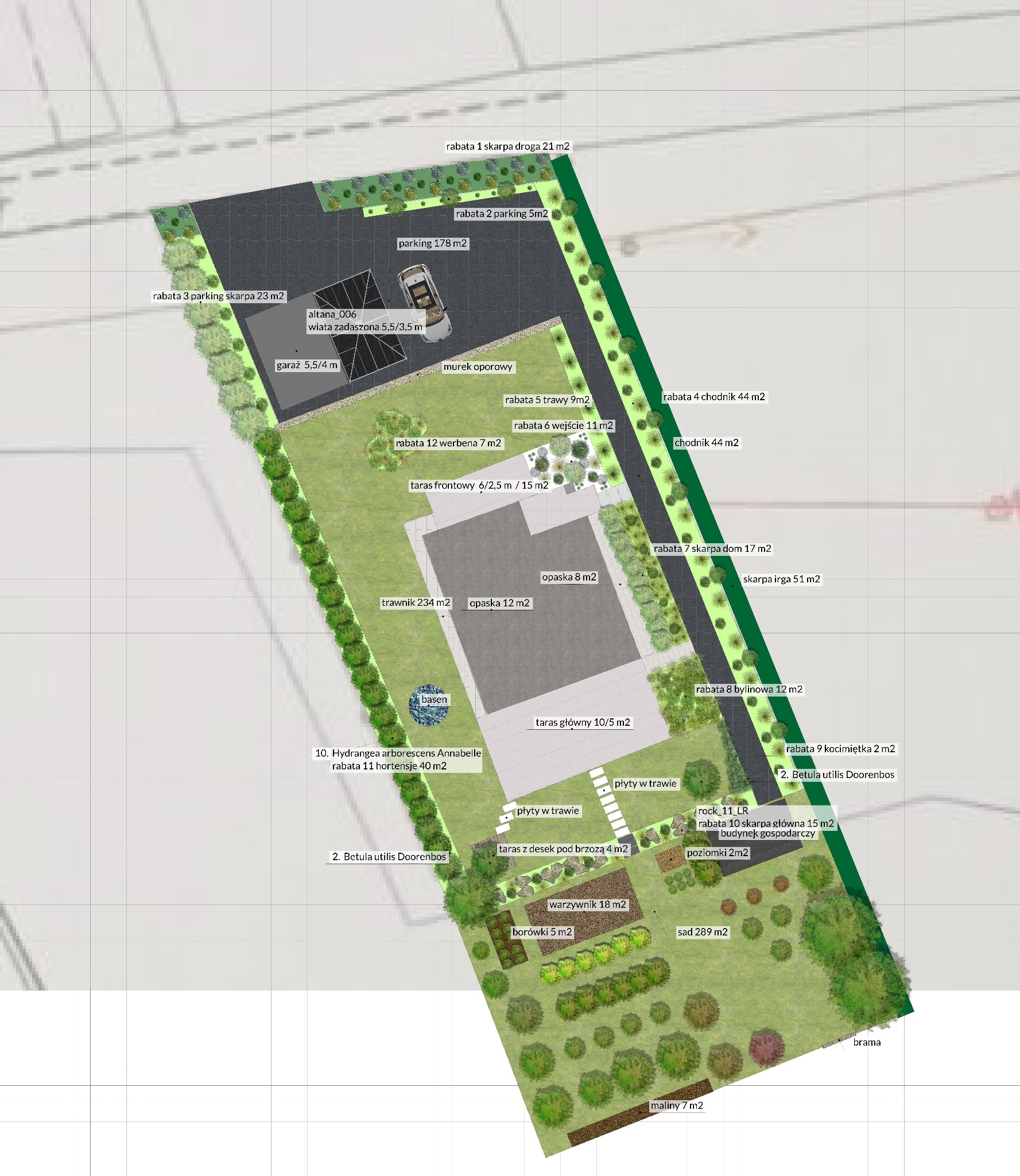 Plan zagospodarowania ogrodu z zaznaczonymi rabatami, trawnikiem, tarasem i parkingiem. Widoczne wymiary poszczególnych elementów i nazwy roślin.