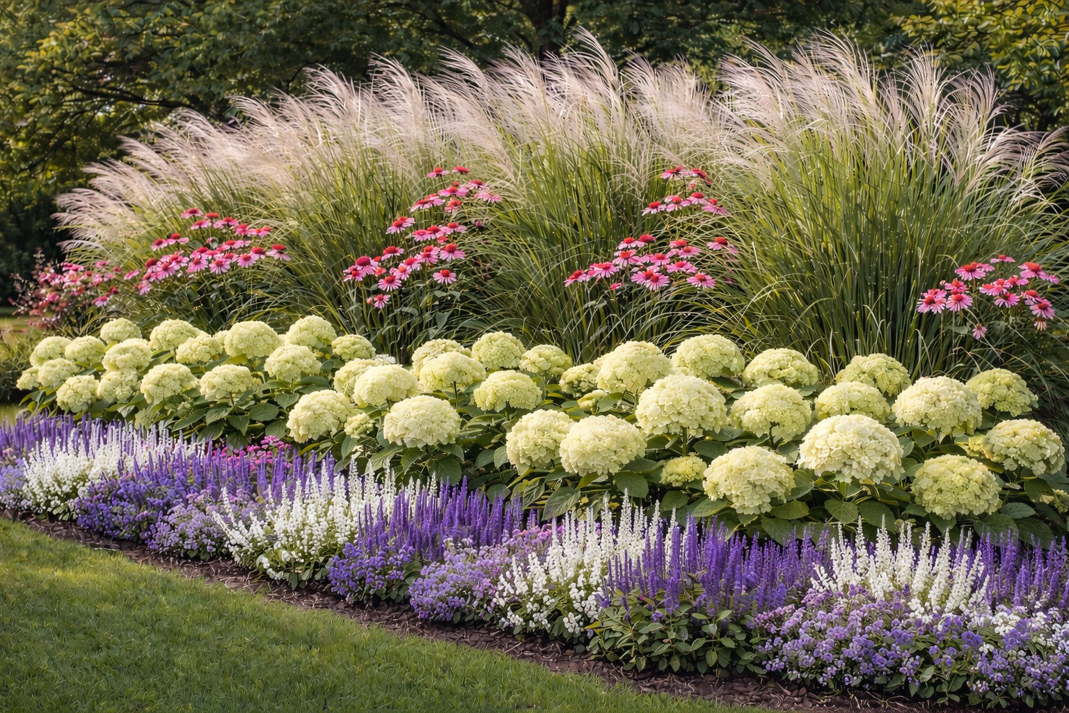 Kaskada kwitnących roślin: białe i fioletowe szałwie, kremowe hortensje, różowe jeżówki i trawy ozdobne tworzą malowniczą rabatę w ogrodzie.