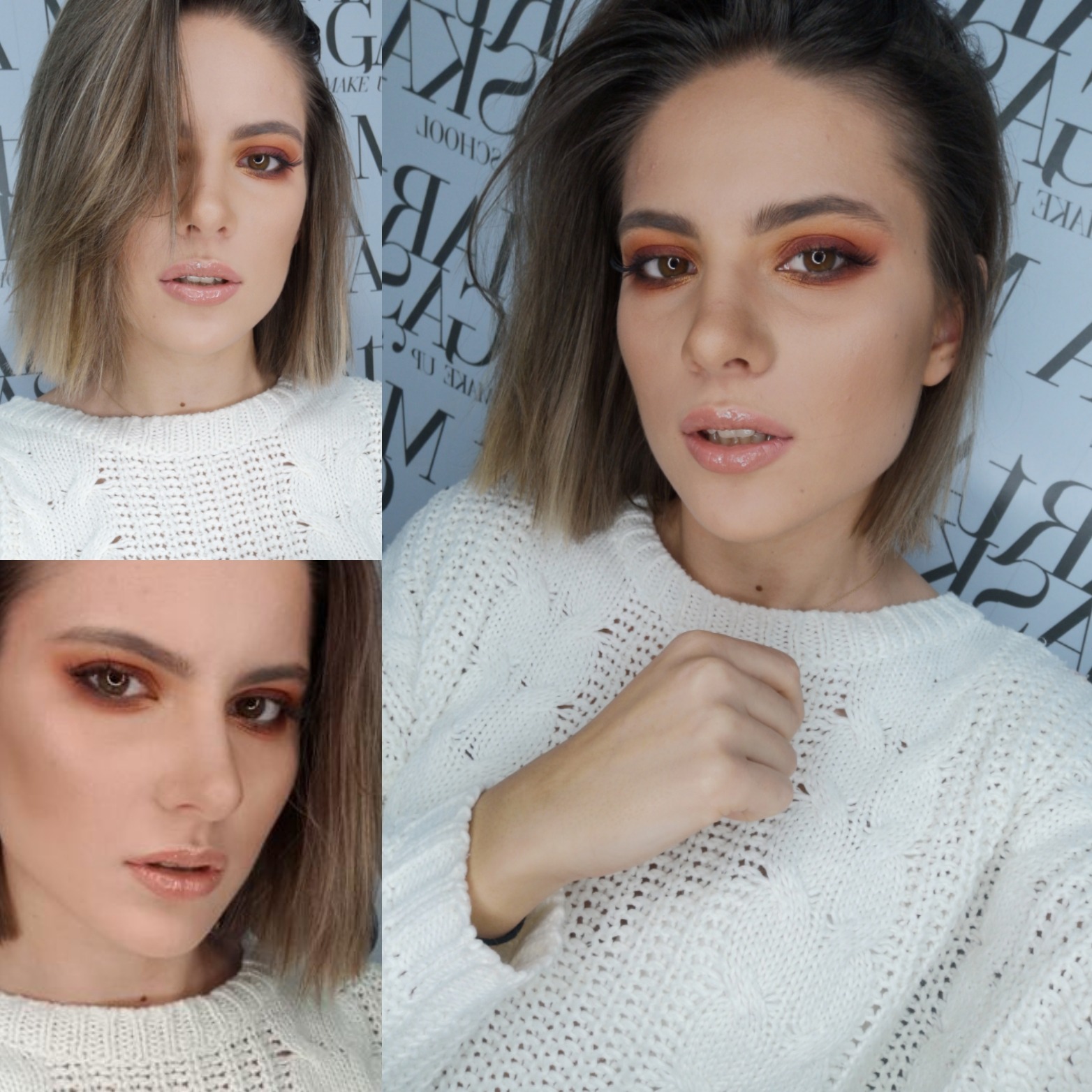 Portret kobiety z pomarańczowym cieniem do powiek i błyszczącymi ustami, prezentowany w formie kolażu trzech ujęć na tle z logo szkoły wizażu.