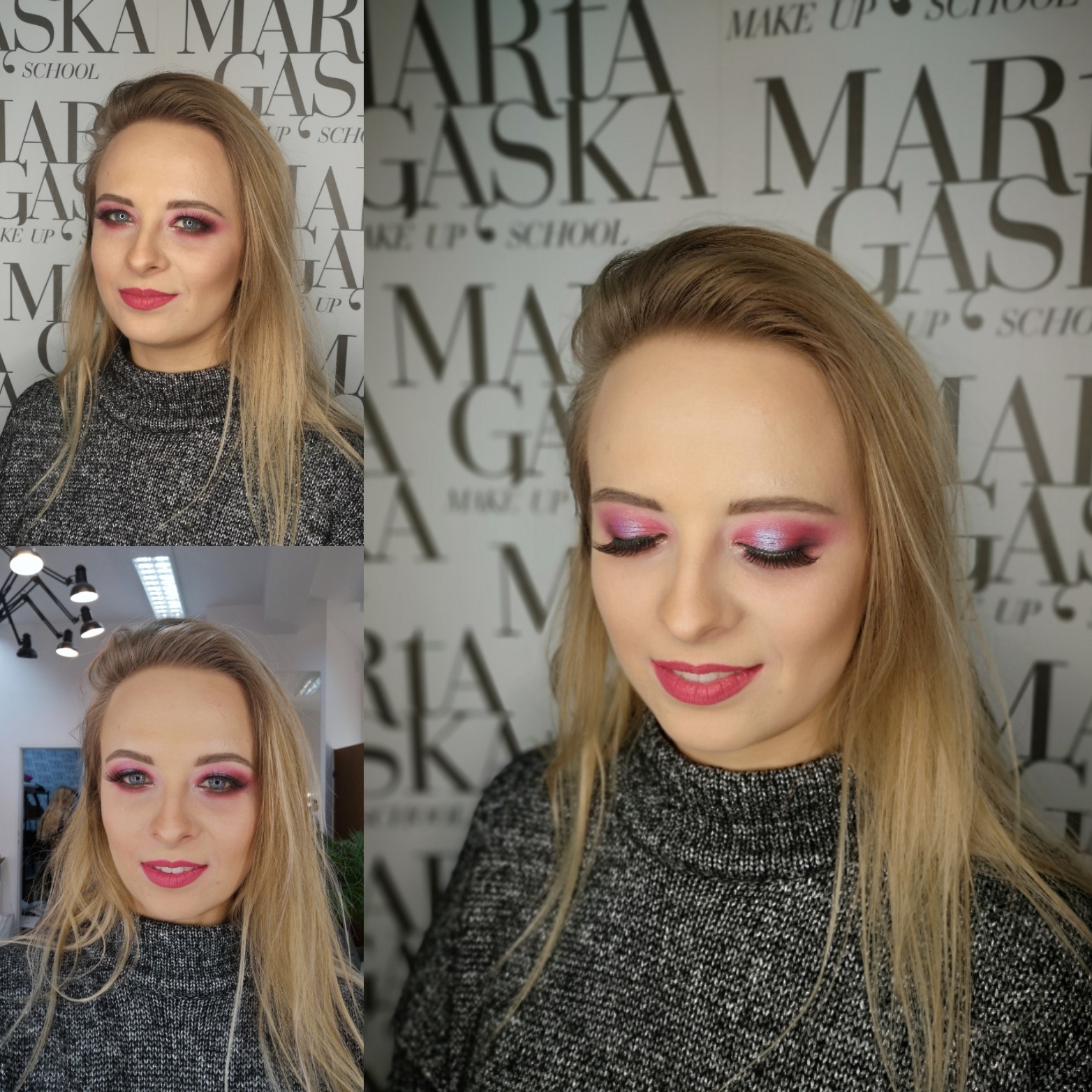 Portret blondynki z profesjonalnym makijażem w odcieniach różu i fioletu, z trzema ujęciami: profil, zbliżenie na oczy i cała twarz, na tle ściany z logo szkoły makijażu.