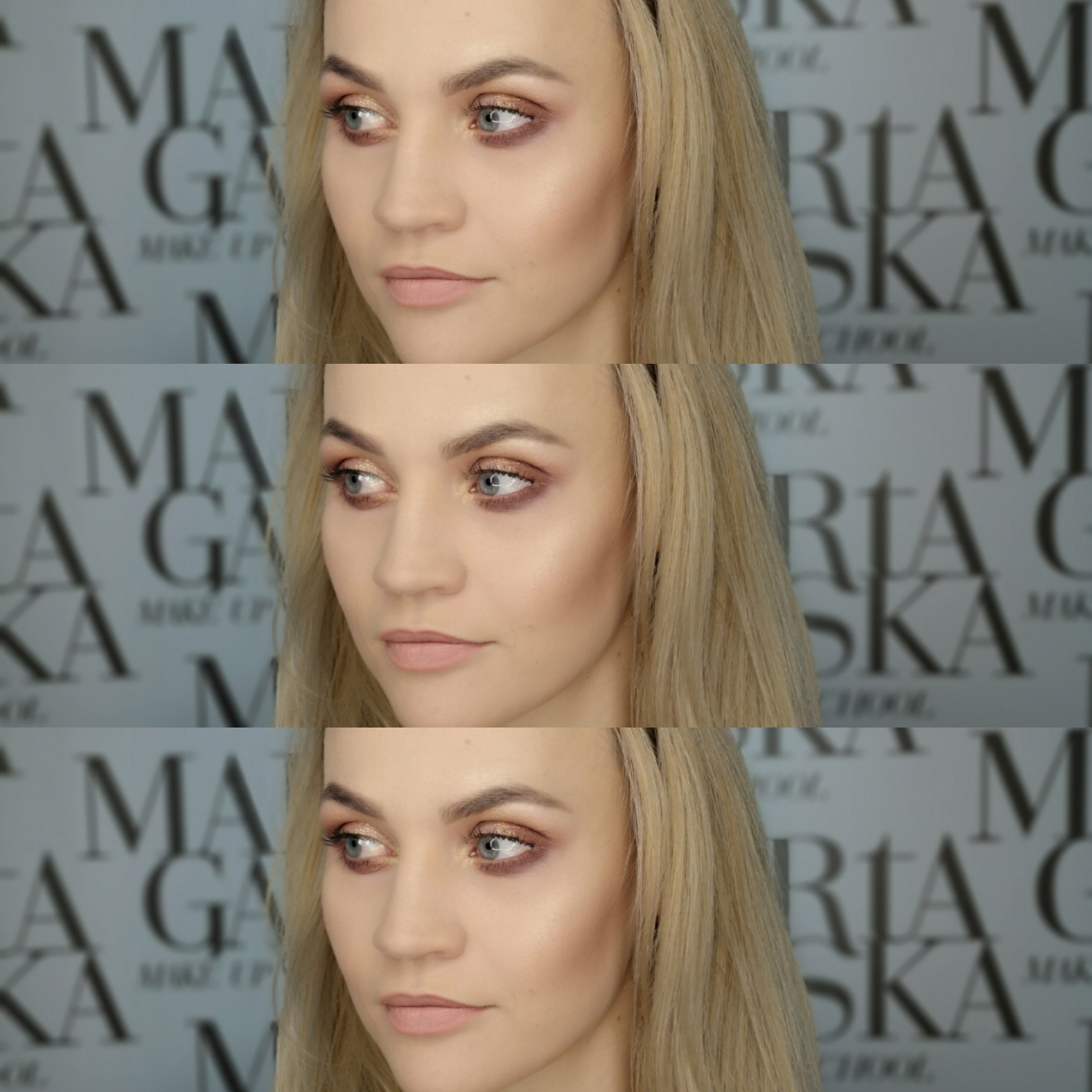 Portret blondwłosej kobiety z delikatnym, brązowo-złotym cieniowaniem powiek i podkreślonymi kośćmi policzkowymi, na rozmytym tle z napisem.