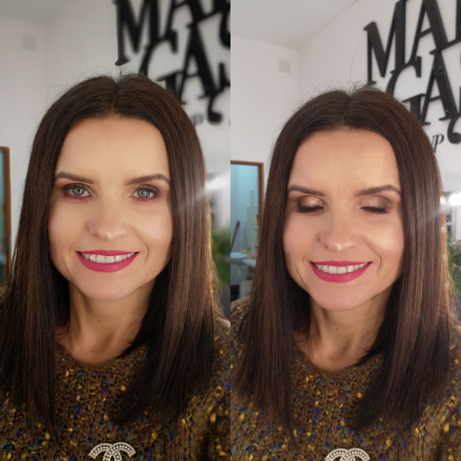 Portret uśmiechniętej kobiety z brązowymi włosami i błyszczącym cieniem na powiekach w odcieniach brązu i różową pomadką na ustach, prezentujący efekt stylizacji, z widocznym logo studia w tle.